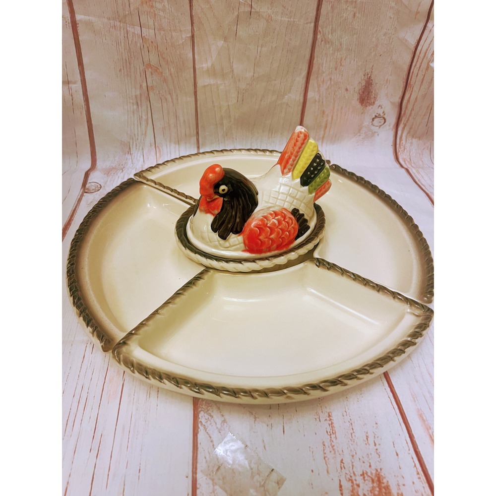 Red Rooster‎ Metlox Poppytail Vtg Ceramic Chicken Hen Serving Platter Tray Dish